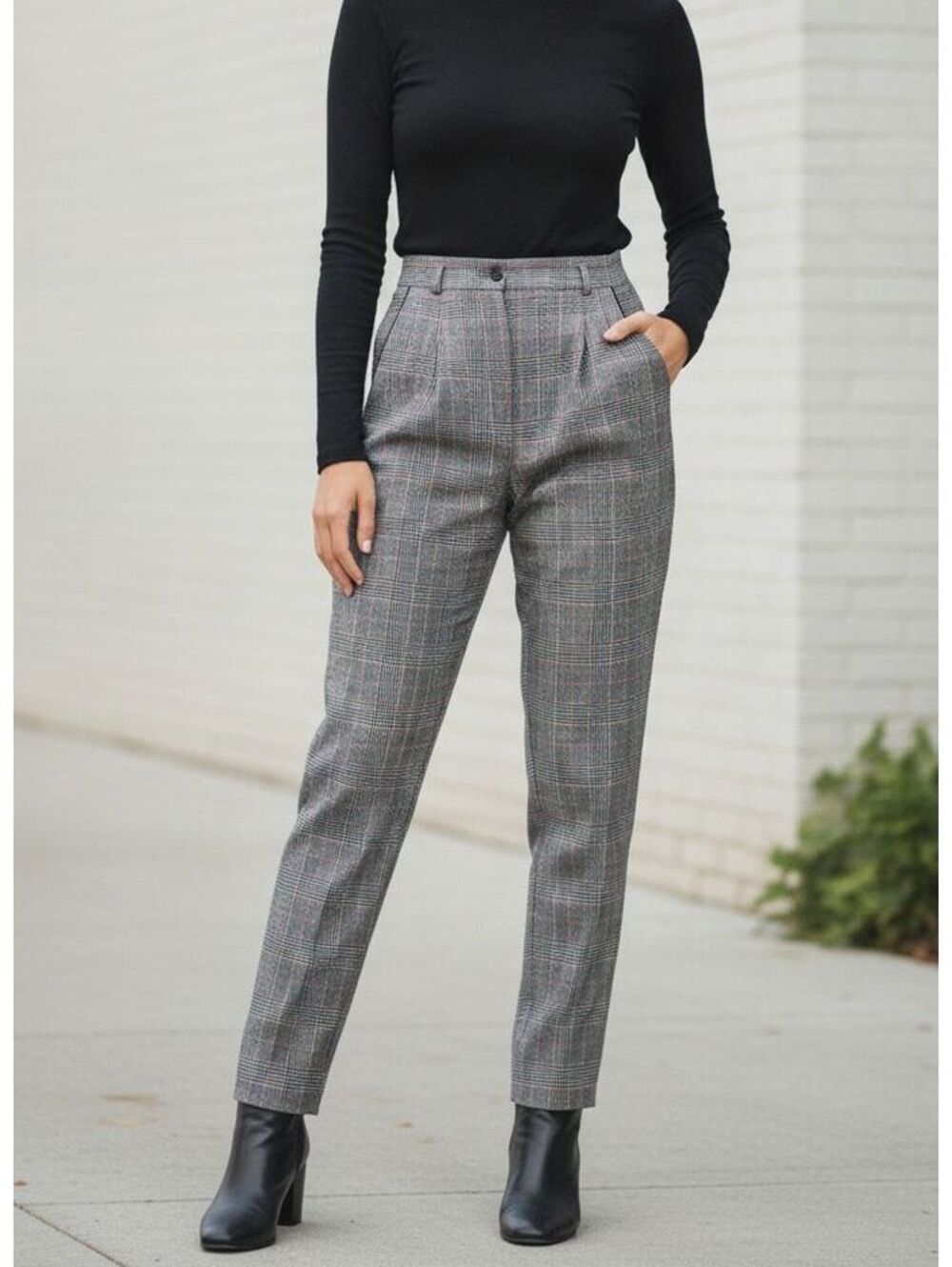 Boston Plaid Pleated Trousers Vintage Glen Check Pants Women's Size 10